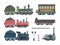 Old steam locomotives set. Comfortable green cars semaphores retro powered trains coal trailers classic rail travel with