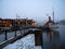 Old steamer at wharf in winter