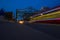 Old steel road bridge in evening time, night lights. Don valley, Toronto, Ontario