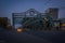 Old steel road bridge in evening time, night lights. Don valley, Toronto, Ontario