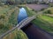 Old steel tram bridge over the Ner River in the city of Lutomiersk, Poland.