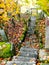 Old and steep vineyard staircase with railing and full autumn leaves