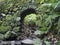 Old stone aqueduct, water duct arc at Cubo de la galga nature park, path in beautiful mysterious Laurel forest