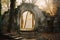 an old stone archway in the woods with steps leading up to it