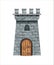 Old stone castle tower, vector medieval brick wall fortress, wooden door, loopholes.