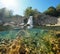 Old stone dam on river with rocks underwater Spain