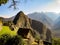 Old stone house with palm roof in Machu Picchu, ancient Inca city located in Urubamba, Peru.