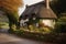 old stone house with a thatched roof in a picturesque setting