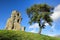 Old Stone Medieval Castle Tower Ruins on Hill