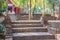 Old stone stair case in the ancient temple with green trees surrounding. Peaceful stone path going uphill in the forest leading up