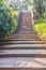 Old stone stair case in the ancient temple with green trees surrounding. Peaceful stone path going uphill in the forest leading up