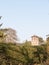 Old stone tower in distance in sky behind hedge tree tops