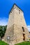 Old stone tower at St. Stephen Fortified Church Biserica Fortificata Sf Stefan in Saschiz village, near of Sighisoara, in