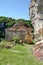 Old stone wall byzantine building in historic monastery complex