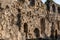 Old stone wall with windows, ruins of an ancient castle