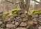 Old stones overgrown with moss and lichens, stone wall from old castle ruins, autumn in the park