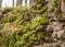 Old stones overgrown with moss and lichens, stone wall from old castle ruins, autumn in the park