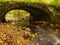 The old stony bridge above stream. Water of brook full of colorful leaves, leaves on gravel, blue blurred water is running.