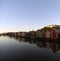 Old storehouses on the Nidelva river at sunset, Trondheim