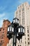 Old street lamp and skyscrapers in Montreal