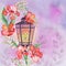 Old street light with tropical flowers decoration Fairy spring garden watercolor illustration Enchanted romantic scenery