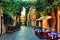Old street in Rome with leafy vines and cafe tables, Italy