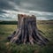 Old stump, remnant of felled tree trunk, stands in solitude