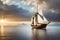 old styled wooden sailing ship in the sea cruising over beautiful sunset sky with clouds created with generative ai