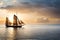 old styled wooden sailing ship in the sea cruising over beautiful sunset sky with clouds created with generative ai