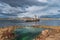 Old sunken boat in the harbor in Ushuaia, Patagonia, Argentina