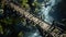 Old suspension wood bridge over mountain river, vintage wooden footbridge in jungle. Fantasy scene like in adventure movie.