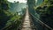 Old suspension wooden bridge in tropical mountains, perspective view of hanging vintage footbridge. Scenery of green jungle.