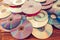 Old technology, waste compact disc collection decoration for vintage pattern. cd background concept.