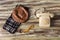 An old telephone on a wooden table