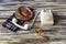 An old telephone on a wooden table