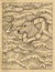 Old textured illustration of dog swimming in sea waves with life saving ring to sinking man