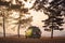 Old timer camper van parked on the top of the hill between pine trees in the beautiful sunset sky