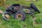 Old tires lie in the grass
