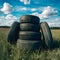 Old tires stacked in a pile, recycling concept, environmental issue