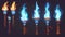 An old torch burning with fire for a video game. Cartoon animation sprite sheet with magic blue flames burning on