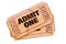 Old torn admit one movie tickets isolated white background