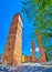 Old towers on Piazza Leonardo da Vinci in center of Pavia, Italy