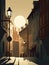 An old town center lit by a single streetlamp where shadows linger and secrets hide. Gothic art. AI generation