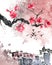 Old town chinese landscape and blossom sakura tree