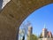 Old town of city Bautzen  with historical building `Alte Wasserkunst` and church of St. Michael, Saxony, Germany, seen through a b