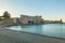 Old town of Collioure, France, a popular resort town on Mediterranean sea, panoramic view with the Royal castle in sunrise light