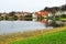 Old town houses with lake reflection