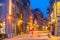 Old town Montreal at famous Cobbled streets at twilight