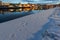 Old town of Regensburg on the danube river in winter with animal footprints in fresh snow