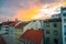 Old town residential buildings with sunset sky in Brno, Czech Republic